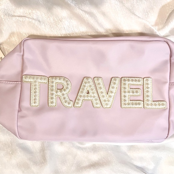 NWT Stoney Clover Lane large lilac patched pouch pearl travel letters - Picture 2 of 7